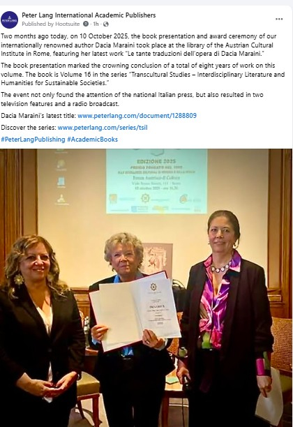 Facebook announcement, Peter Lang Publisher, 10.12.2025